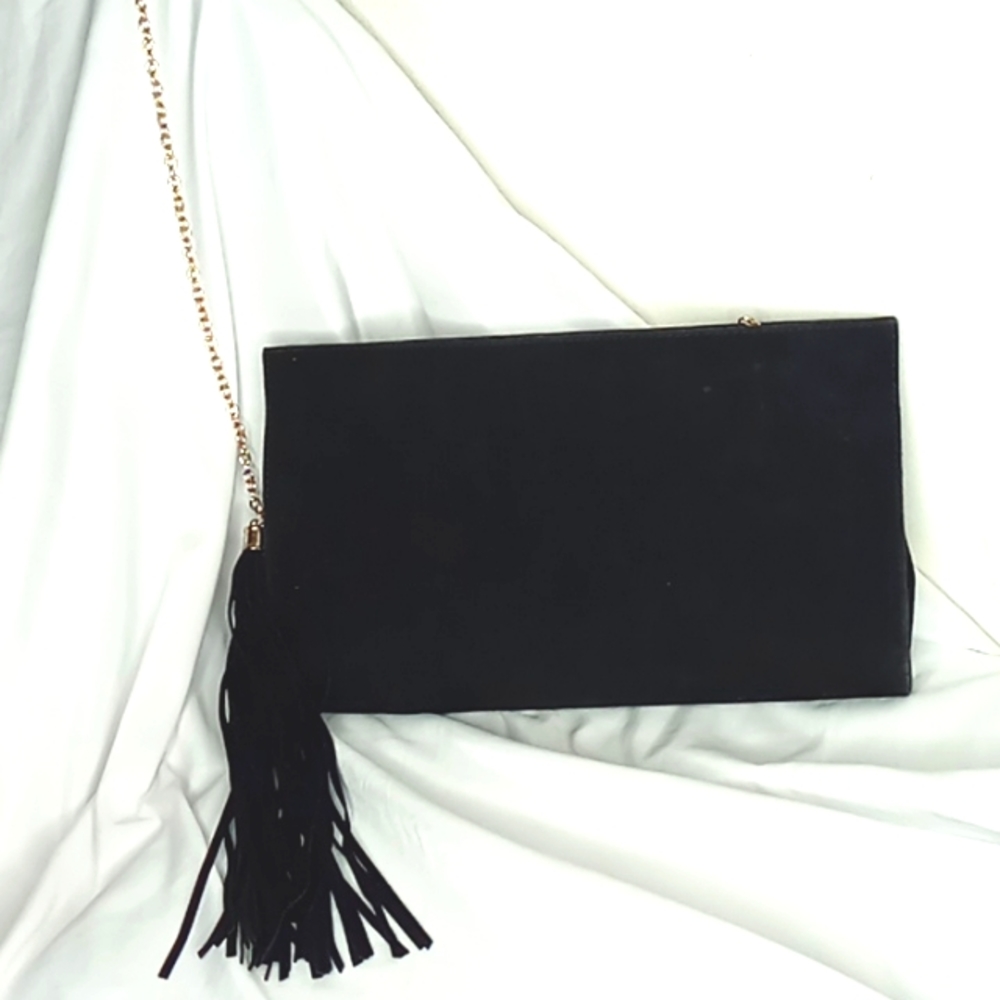 Faux Suede Black Shoulder Purse, Chain Strap